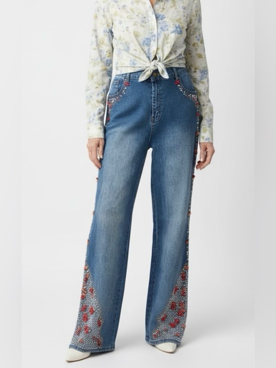 Diane Gilman Denim - DG2 Diane Gilman Blue Wide-Leg Jeans with Red Floral Pearls & Crystals